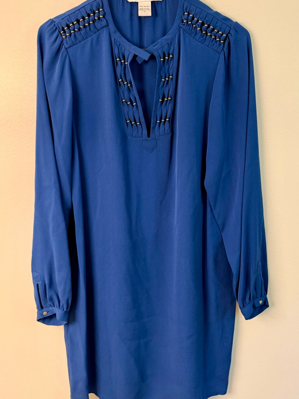 Diane Von Furstenberg Cobalt Blue Braided-Trim Long Sleeve Silk Dress